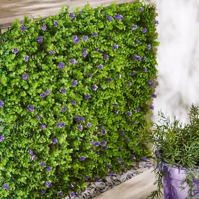 Marco Paul Expanding Artificial Hedge with Purple Flowers in Green, W: 60 cm, H: 60 cm, D: 40 cm