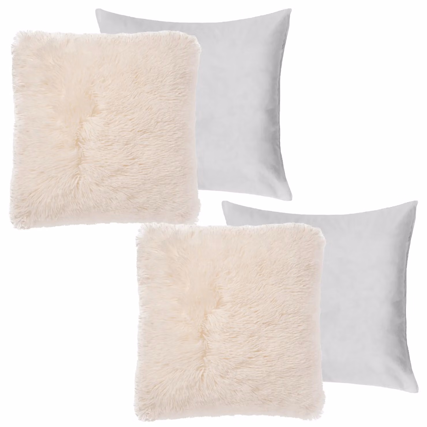 OHS Set of 2 Fluffy Shaggy Square Filled Cushions with Removable Covers in Beige, 45 x 45 cm – 2