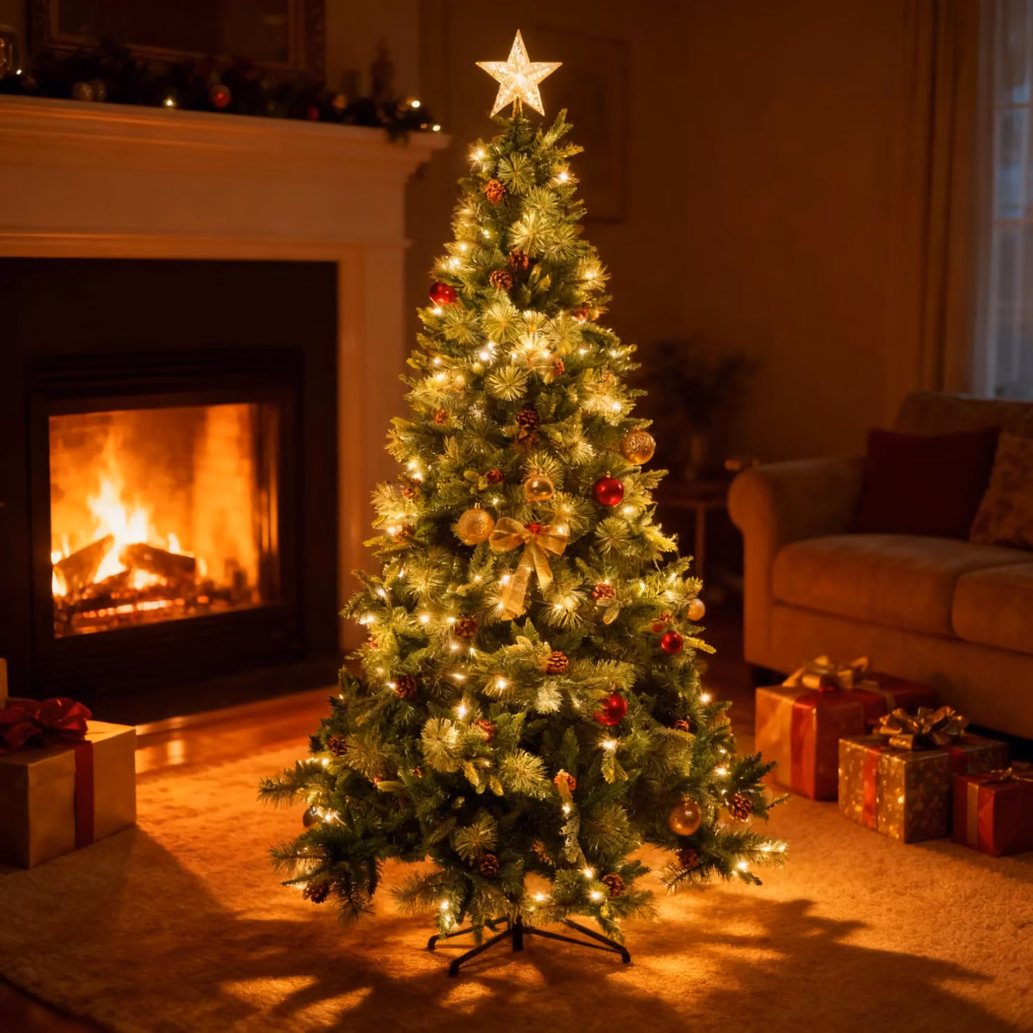 Shatchi 8ft Californian Boulder Bushy Forest Green Artificial Christmas Tree with Pine Cones and Hinged Branches – 2