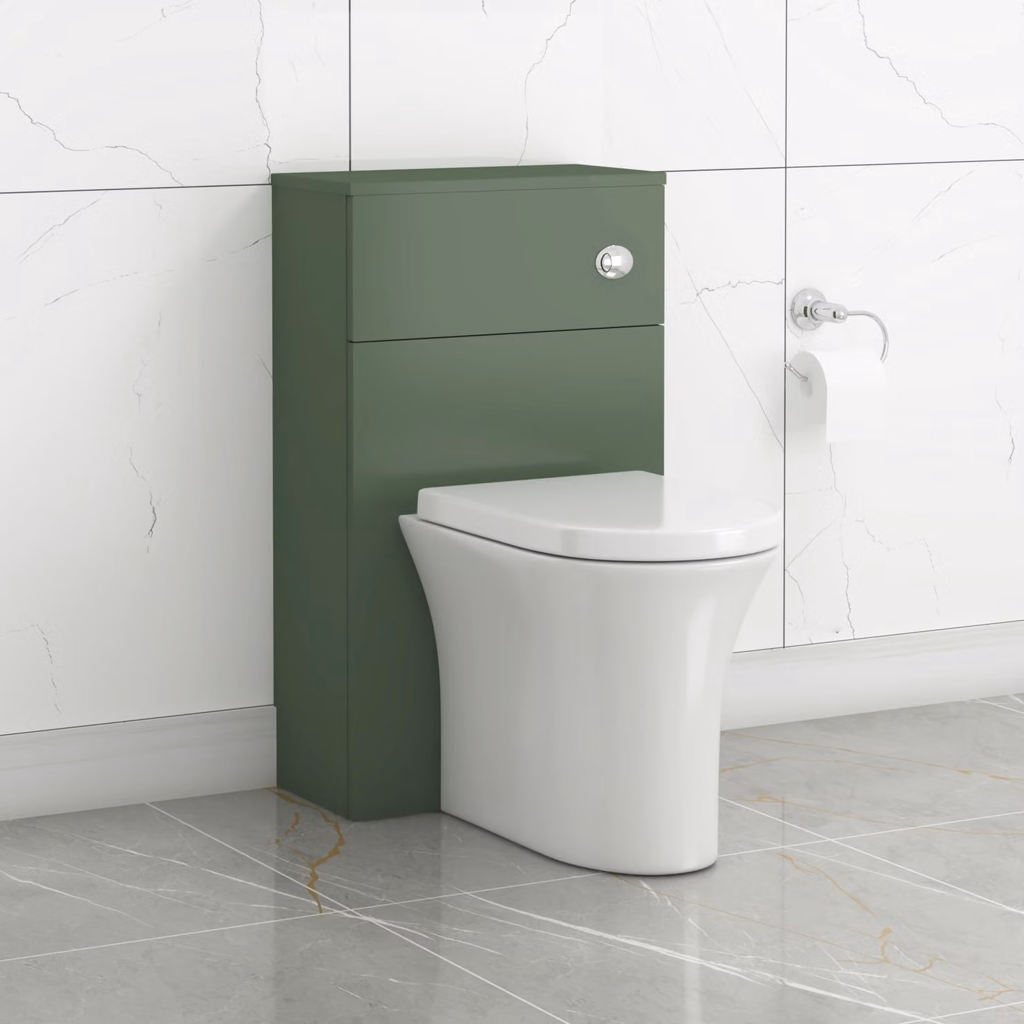 Royal Bathrooms Turin Matt Green BTW WC Unit with Breeze Rimless Ceramic Toilet Pan, Seat and Cistern, Width: 50 cm