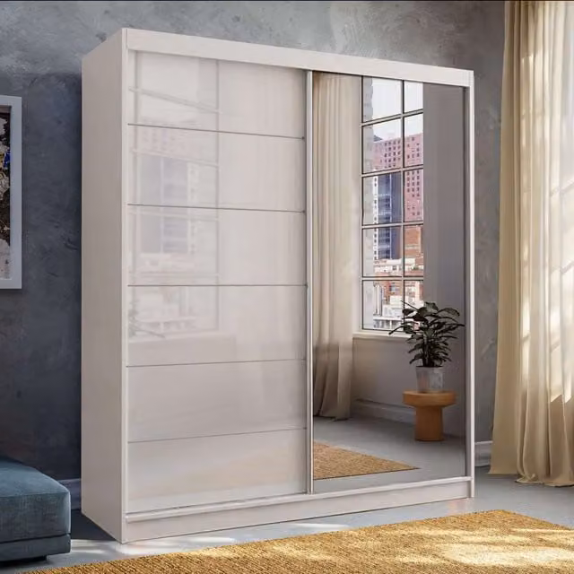 MN Furniture High Gloss White Sliding Mirror Wardrobe with Integrated LED Lighting, W: 180 cm, H: 200 cm – 1