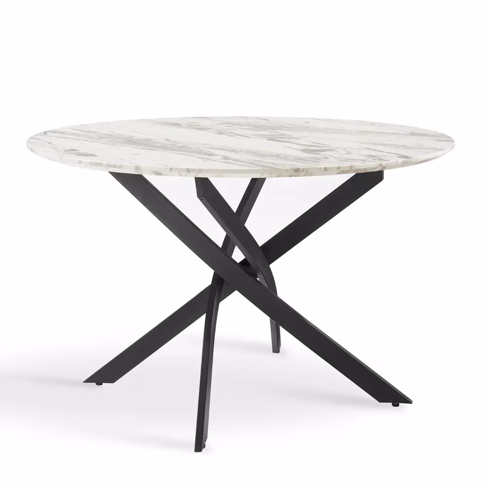 Home Detail Morag Round Marble Effect Dining Table in White with Black Legs, Diameter: 120 cm – 2
