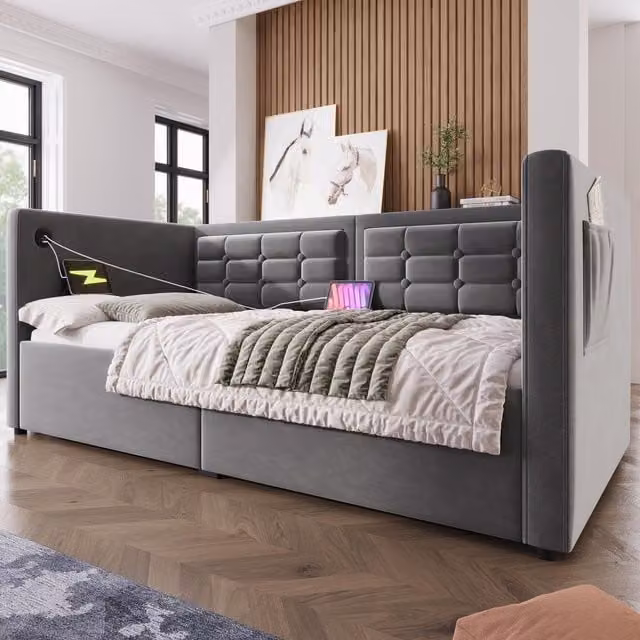 Aosom UK Grey Velvet Single Sofa Bed with Hydraulic Under-bed Storage, Type-C Charging Station and Side Pockets, W/D/H: 106 x 205 x 75 cm