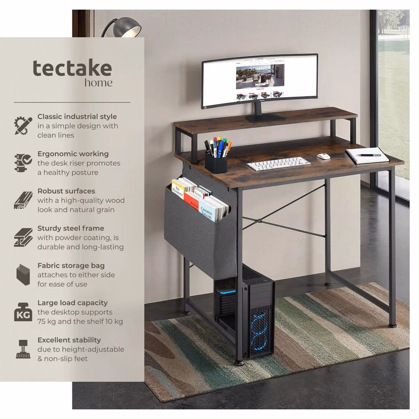 tectake Computer Desk with Shelving and Fabric Storage Bag in Brown and Black – 2