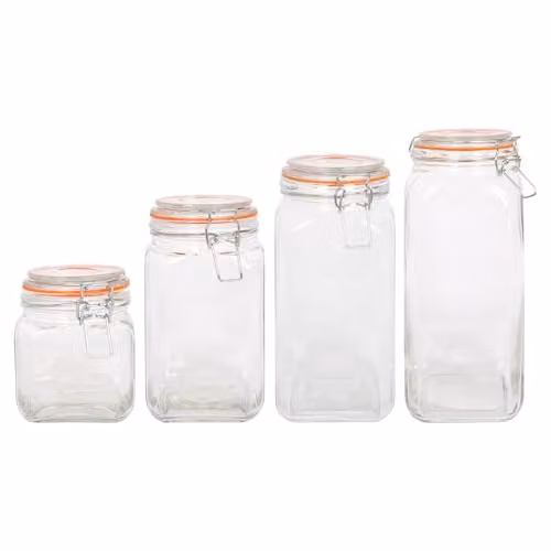 Argon Tableware 4 Piece Square Glass Jar Set with Clip-Top Lids in Transparent