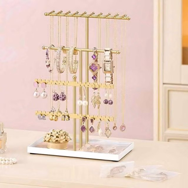 The Bazaarist Metal Jewellery Organiser Stand with Velvet Tray, Gold