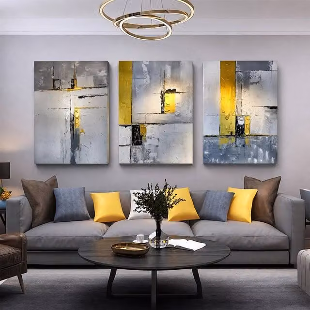 Mafett Set of 3 Modern Abstract Geometric Canvas Wall Art in Grey, W: 61.0 cm, H: 81.28 cm – 1