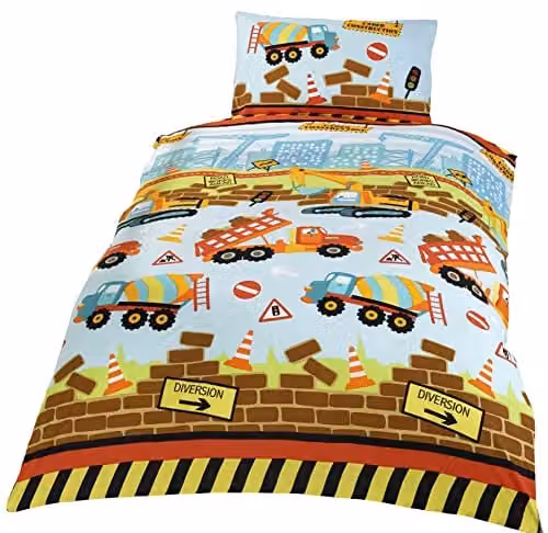 Rapport Home Under Construction Childrens Polycotton Duvet Cover and Pillowcase Set, Blue Multicolour, Duvet Cover: 135 x 200 cm, Pillowcase: 50 x 75 cm – 1