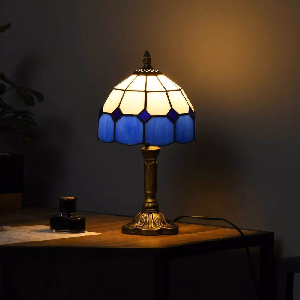 Kelvenix Handmade Stained Glass Table Lamp in Blue and White with Bronze Base – 5