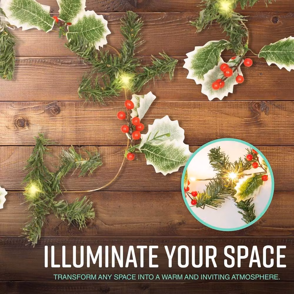 Globrite 2M Berry and Leaf Christmas Garland with 20 Warm White LED Lights, Battery Operated, Red and Green with Copper Accents – 6