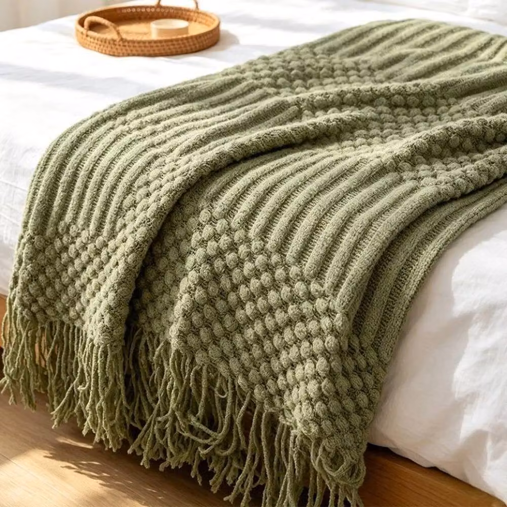 Pawnora Large Solid Knitted Throw Blanket in Green, W: 130 cm, D: 150 cm – 2