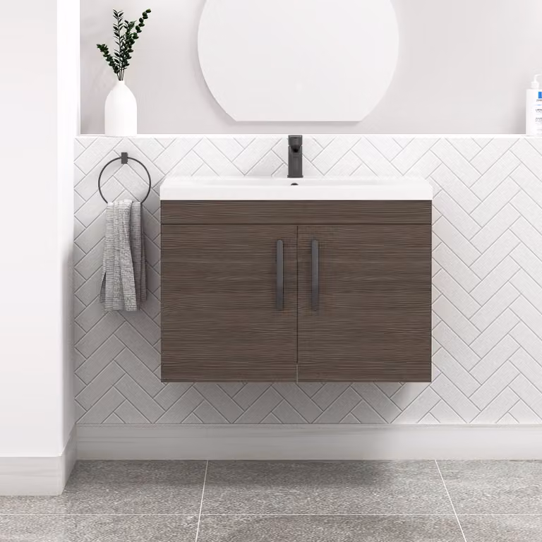 Royal Bathrooms Turin 800mm Wall Hung Vanity Sink Unit in Grey Elm with Mid-Edge Basin and Matt Black Handles