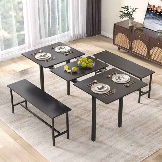 Costway Extendable Dining Table Set with 2 Benches in Black – 1
