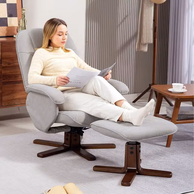 HOMCOM Swivel Recliner Chair with Ottoman in Light Grey