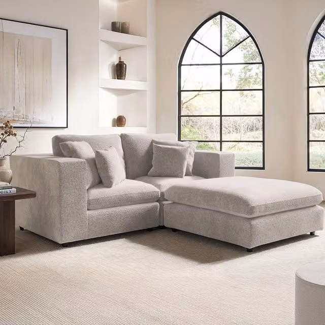 SolaceCo Asher 3 Seater Beige Boucle Sofa with Matching Ottoman and Scatter Cushions