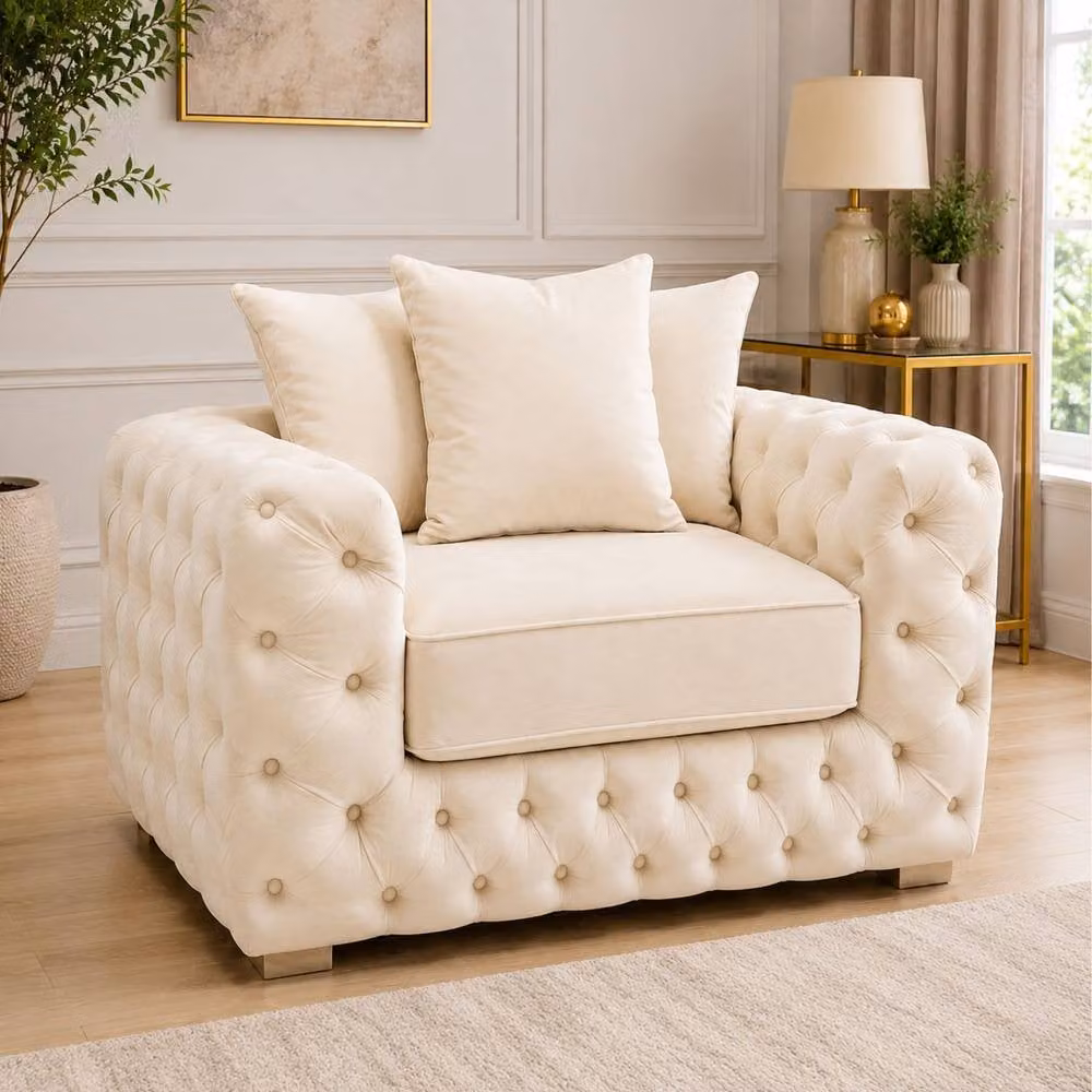 Stratus Interiors Ashley Chesterfield L-Shape Corner Sofa in Beige Plush Velvet Fabric with Scatter Cushions, W: 235 cm, D: 76 cm, H: 67 cm – 1