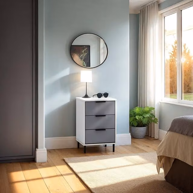 Seconique Madrid 3 Drawer Bedside Table in Grey and White Gloss