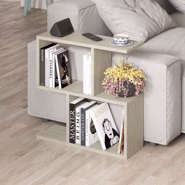 Decortie Homemania Modern 4-Compartment Side Table in Beige Natural Stone, W/D/H: 60 x 60 x 19.5 cm