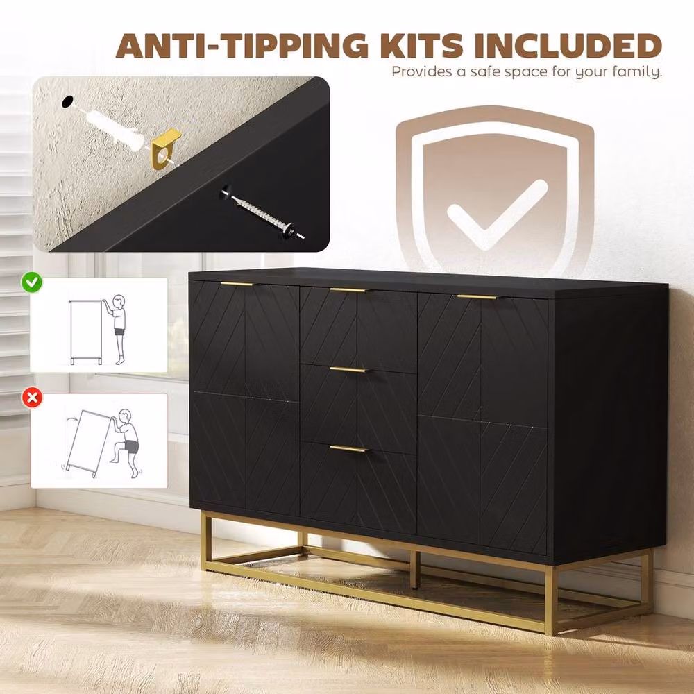 EONLION Black and Gold Modern Sideboard Storage Cabinet with 3 Drawers, Width: 100 cm – 5