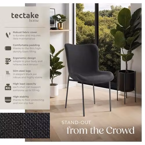 tectake Set of 6 Scandi Style Dining Chairs in Black Woven Fabric with Ergonomic High Backrest and Steel Legs – 4