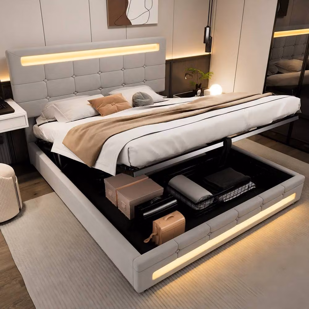 Merax Double Velvet Ottoman Storage Bed with Under-Bed Lighting and Tufted Headboard in Grey, W/D/H: 140 x 200 cm – 2