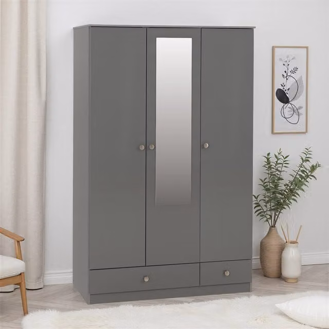 Seconique Denver 3 Door 2 Drawer Mirrored Wardrobe in Grey Gloss