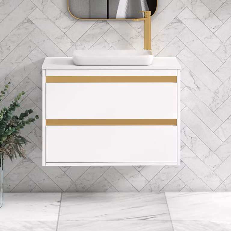 Royal Bathrooms Orion 800mm Matt White Wall Hung 2 Drawer Vanity Unit with Qubix Basin and Brushed Brass Accent Trim
