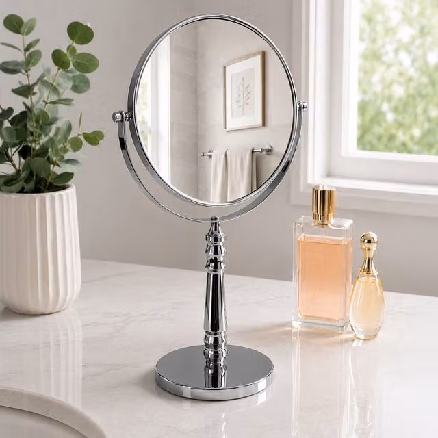 Rho Reversible 5x Magnification Tabletop Vanity Mirror in Silver