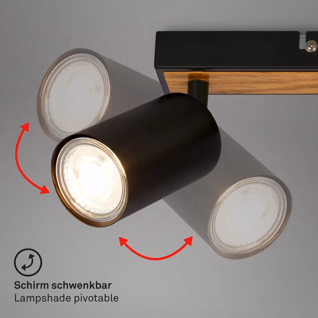 Briloner Modern Black Metal and Wood 3-Light LED Ceiling Spotlight with Adjustable GU10 Bulbs – 3
