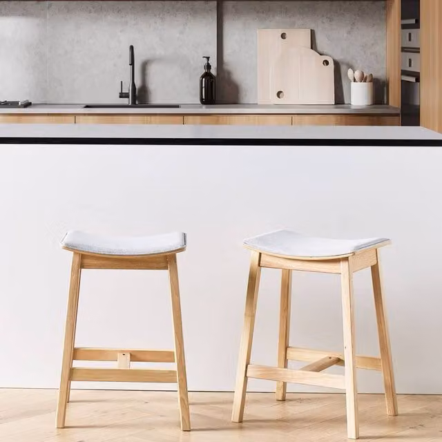 Wyld and Coco Set of 2 Grey Rubberwood Bar Chairs with Upholstered Fabric Seats – 1