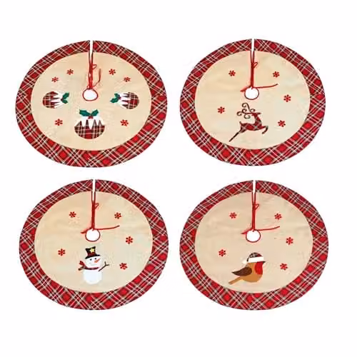 Shatchi Set of 4 Rustic Burlap Christmas Tree Skirts in Brown and Beige, Diameter: 86 cm – 1