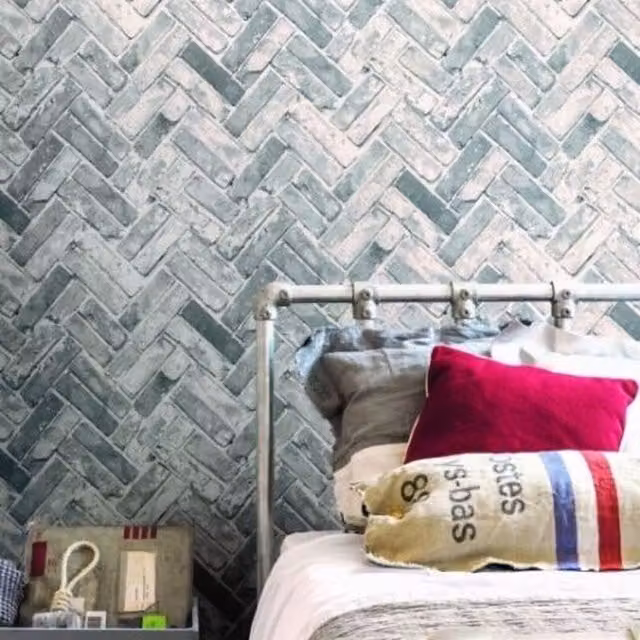 Muriva Industrial Distressed Herringbone Brick Grey Textured 3D Effect Geometric Wallpaper Roll