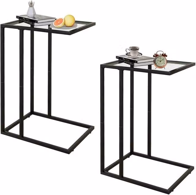 Huhote Set of 2 C-Shaped End Side Tables with Black Metal Frame and Glass Tops