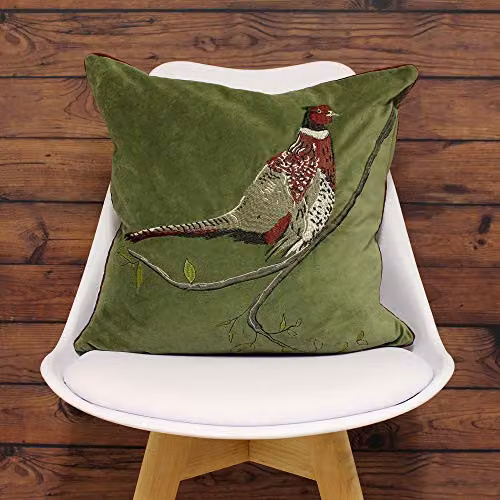Riva Home Hunter Velvet Pheasant Filled Cushion, Green and Beige, W/D/H: 45 x 45 x 45 cm – 2