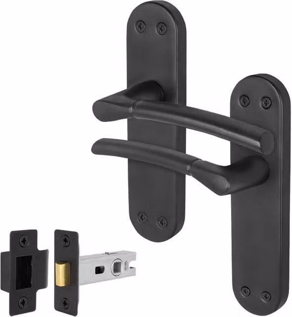 AFIT Matt Black Door Handles with Backplate and 64mm Latch, 1 Pair, W/D/H: 150 x 150 x 150 mm
