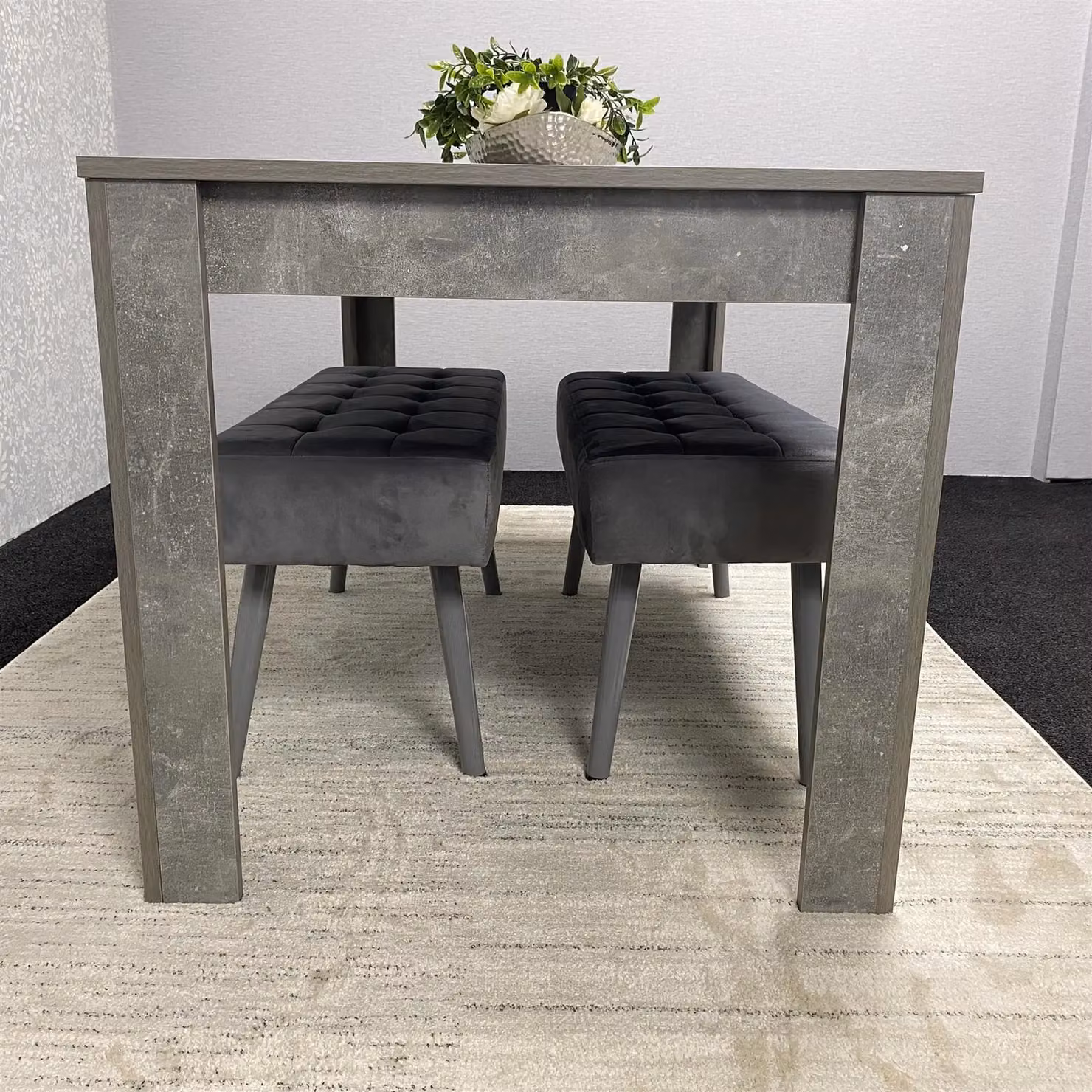 KOSY KOALA Stone Grey Effect Wood Dining Table Set with 2 Grey Velvet Benches in Brown and Grey – 6
