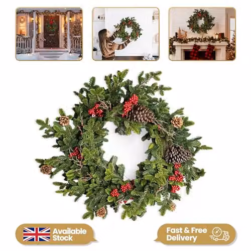 SHATCHI Artificial Fir Christmas Wreath in Green and Red with Real Touch Pine Needles, Berries and Pine Cones, Diameter: 80 cm – 2