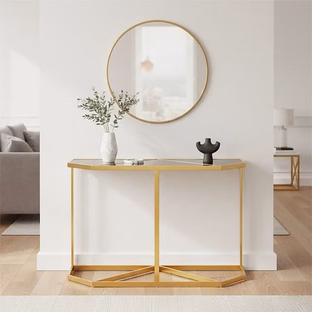 Orsina Modern Black Tempered Glass Console Table with Gold Metal Sled Base, W/D/H: 120 x 45 x 76 cm – 1