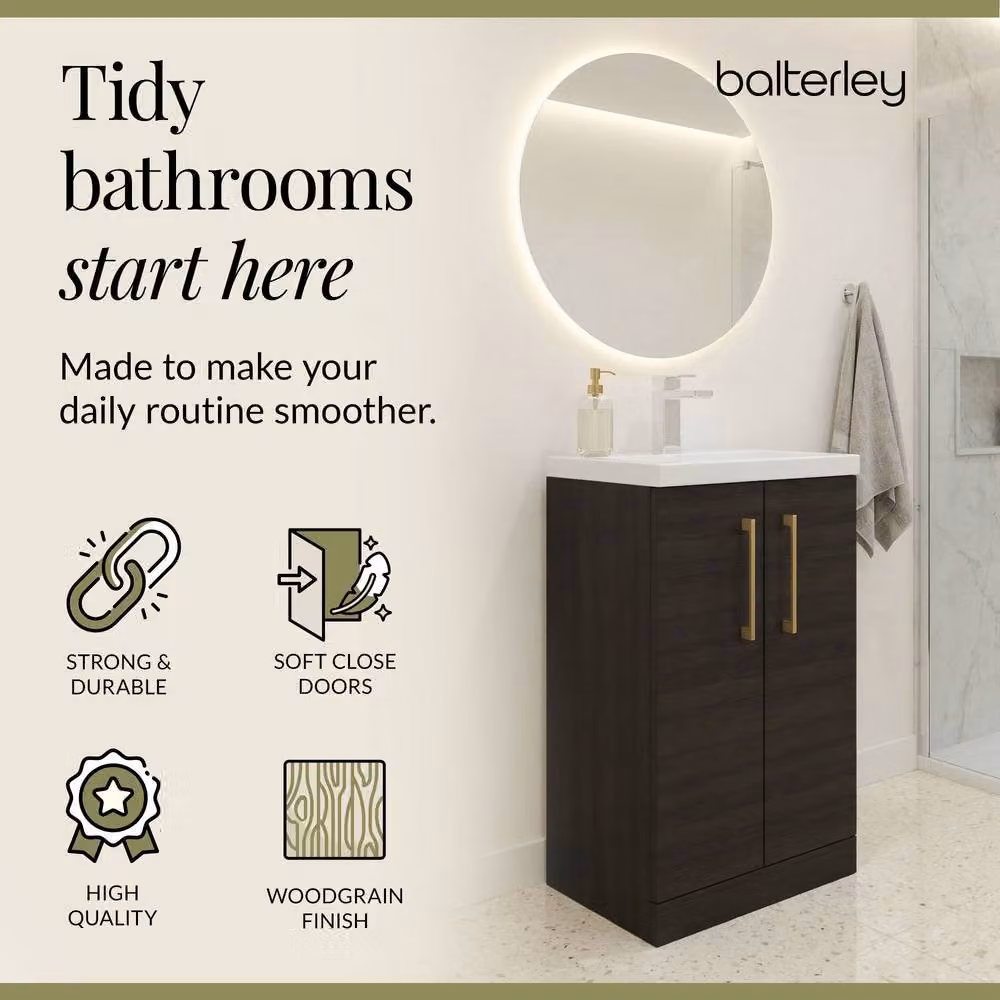 Balterley Modern Black Wood Freestanding Bathroom Vanity Unit with Soft Close Hinged Doors and LED Lighting, Width: 50 cm – 3