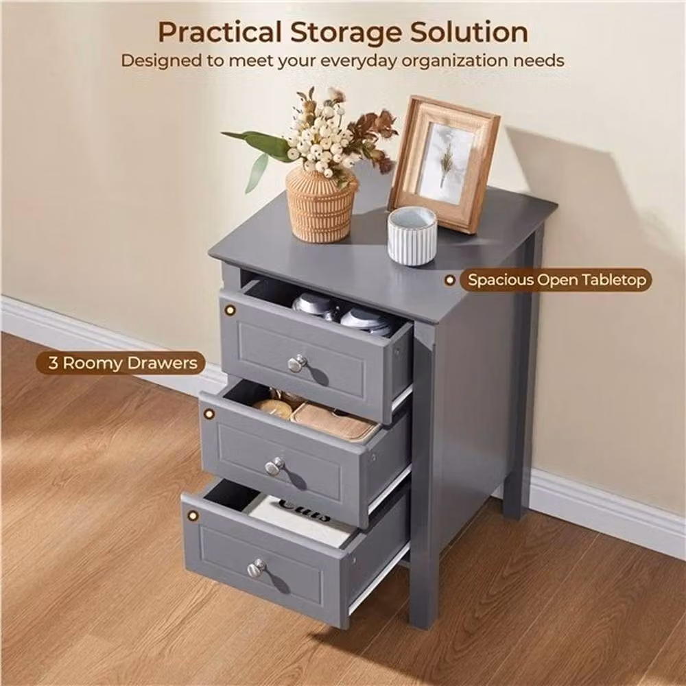 KORVIXA Set of 2 Modern Grey End Tables with 3 Drawers, W/D/H: 40 x 40 x 60 cm – 3