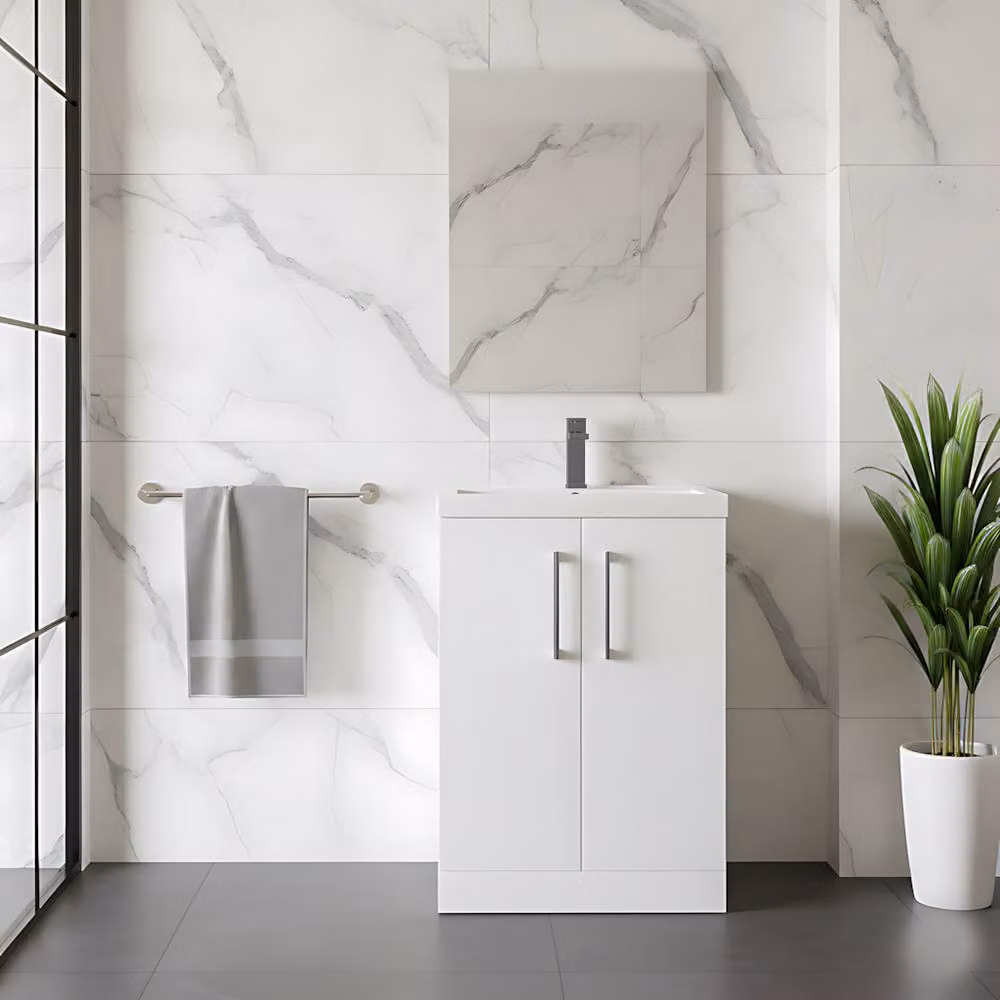 Balterley Modern White Bathroom Vanity Unit with 2 Soft Close Doors and Vitreous China Basin, Width: 50 cm – 2