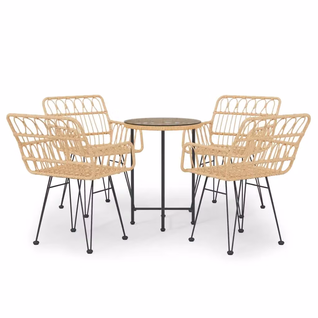 Berkfield Home 5 Piece Brown Poly Rattan Garden Dining Set with Glass Top Round Table – 2