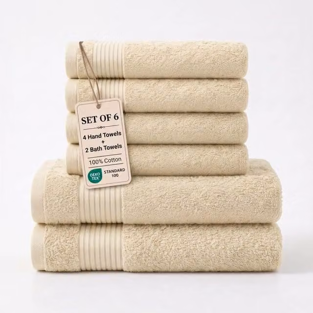 Grace Premium 500 GSM Cotton Bath and Hand Towel Set of 6 in Beige