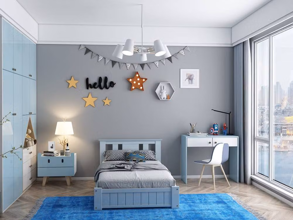 Somnior Elwood Single Solid Wood Bed in Blue with Hybrid Mattress and 3 Drawers, W/D/H: 90 x 190 cm – 2