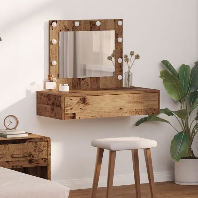 Berkfield Home Wall Hanging Dressing Table with LED Lights in Brown Rustic Wood, W: 70 cm, H: 83 cm, D: 40 cm