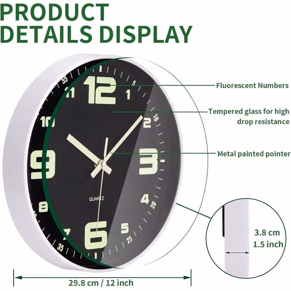 KORVIXA Luminous Round Analog Wall Clock in Black, W/D/H: 100 x 100 x 1 cm – 2