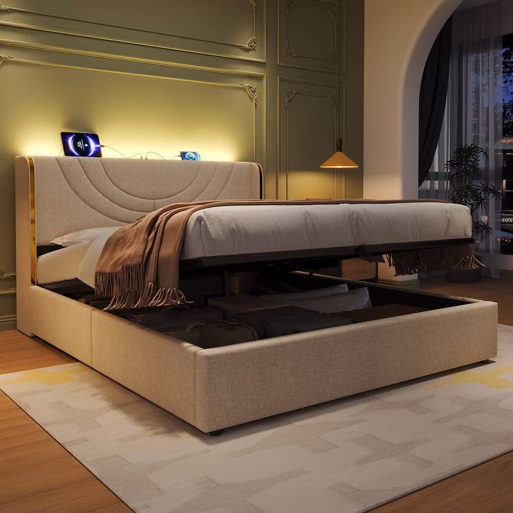 Matteo Double Upholstered Bed Frame in Beige with Hydraulic Storage, LED Headboard and USB Charging Port, W/D/H: 140 x 200 x 108 cm – 2