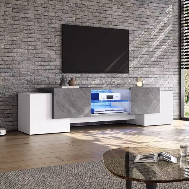 BTM LED TV Stand with 4 Doors and Open Storage, White and Grey, W: 180 cm, D: 40 cm, H: 46.5 cm – 1