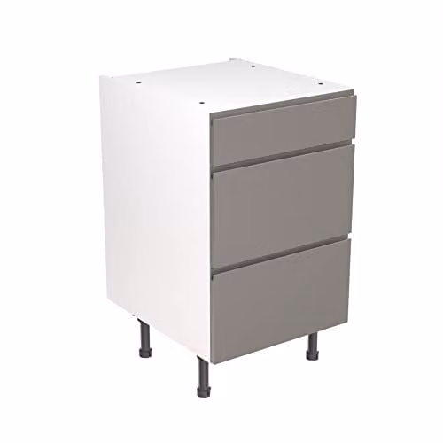 Kitchen Kit Flatpack Base Cabinet with 3 Drawers and J-Pull Doors, Dust Grey Gloss, W: 50 cm, H: 87 cm