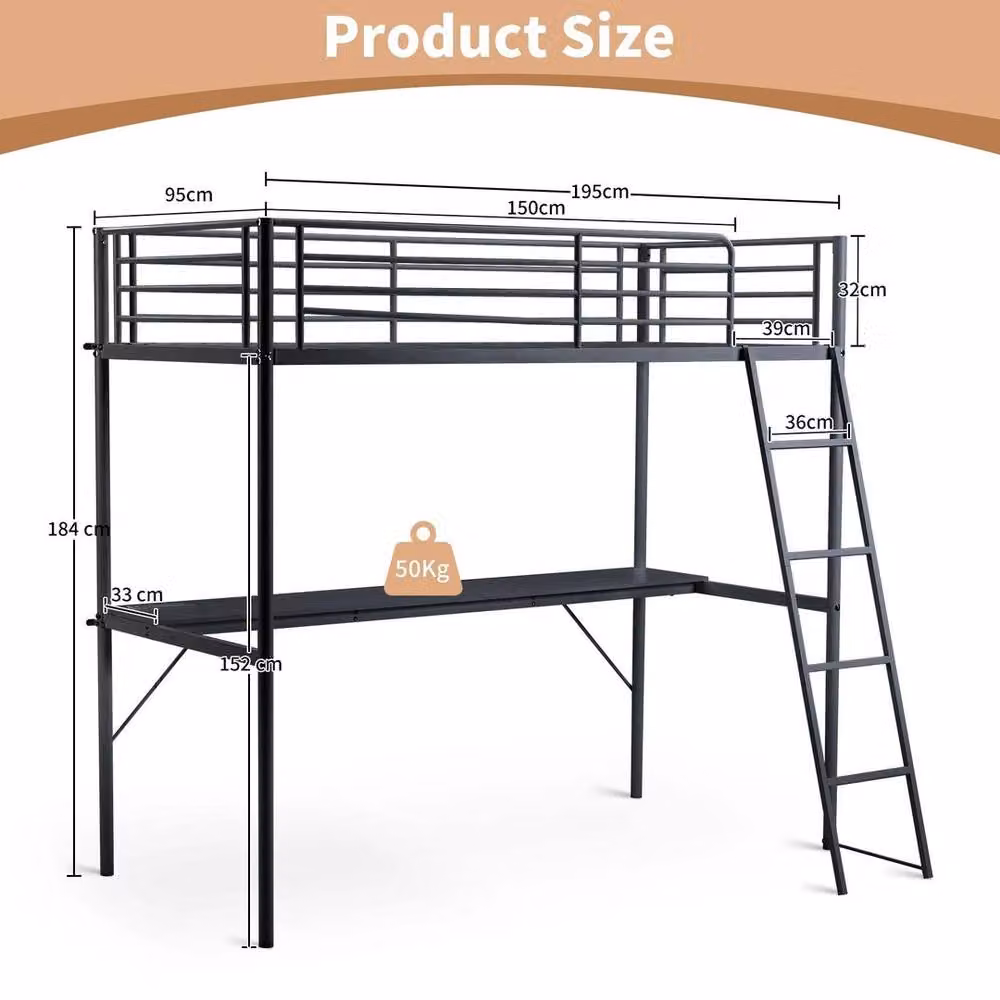 KORVIXA Metal Single Loft Bed Frame with Desk and Under-Bed Lighting in Black, Size: 90 x 190 cm – 2
